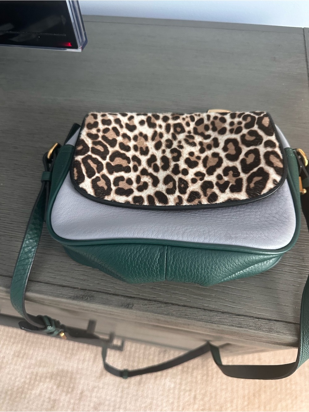 J. Crew Green Leather Crossbody with Leopard Print Flap and Gray Trim